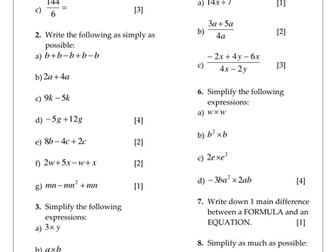 Algebra Test - Collecting Like Terms, Multiplying Terms and Simplifying
