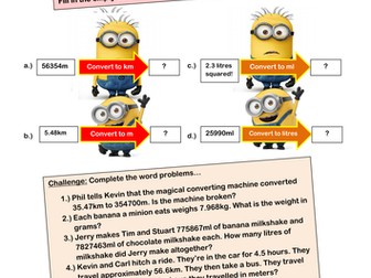 Converting ml to litres, g to km to m and vice versa plus word problems - Minion themed worksheets