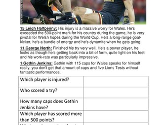 Reading comprehension - Year 3/4 - Wales rugby theme - differentiated