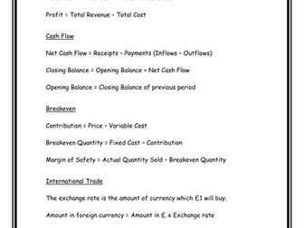 Fixed and Variable Costs - with formulae sheet for simple revision 