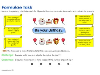 Birthday party formula activity includes worksheet +  extension tasks +  a set of formula cards 