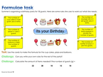 Birthday party formula activity includes worksheet +  extension tasks +  a set of formula cards 