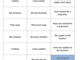Present Perfect Tense card sorting activity Year 3 SPAG