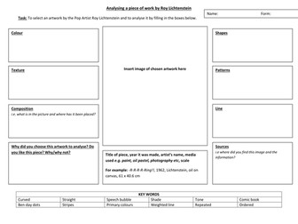 Analysing a piece by Roy Lichtenstein worksheet