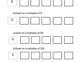 Count from 0 in multiples of 4, 8, 50 and 100. 