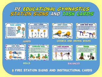 PE Educational Gymnastics Station Signs and Task Cards- 8 FREE Signs and Cards