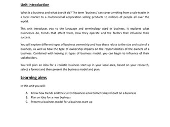 BTEC First Award In Business - Unit 1 - Enterprise in the Business World - Assessment Brief