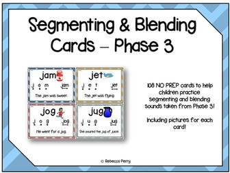 Phase 3 Segmenting & Blending - English- Phonics & Reading! 108 NO PREP Cards!
