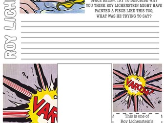 Roy Lichtenstein Pop Art Worksheet with Literacy task.