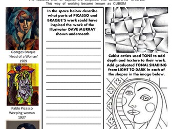 Cubism worksheet with Literacy and Assessment box