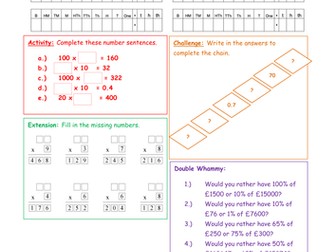 Differentiated - finding missing numbers in a variety of contexts place value/multiplication 