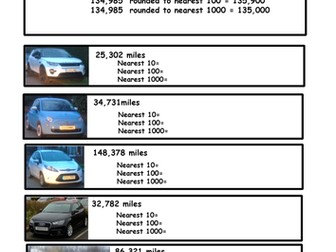 Maths Rounding nearest 10, 100, 1000, 10000   Two complete lessons - Car Mileage and House Prices. 