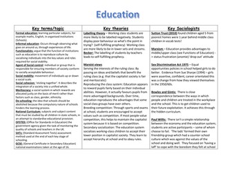 GCSE Sociology revision. Education. Key terms, Sociologists and theories for revision. 