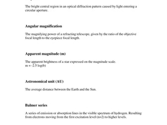 Astrophysics definitions card sort AQA Unit 5a