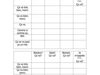 French Teaching Resources. Greetings Worksheet, Battleships Game & Song!