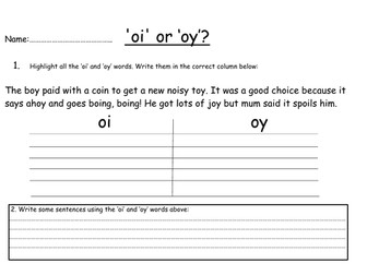 'oi' or 'oy' Phoneme Spotter Worksheet