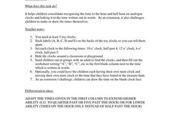 Year 1 and Year 2 Tell the time TREASURE HUNT editable worksheet
