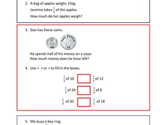 Writing fractions of amounts (pictorial)- fluency, reasoning and problem solving