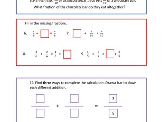 Adding fractions- same denominator- fluency, reasoning and problem solving