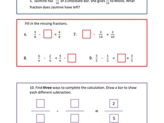Subtracting fractions- same denominator within one whole- fluency, reasoning and problem solving