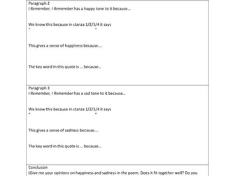 Writing Frame For An Essay On Thomas Hood's Poem I Remember, I Remember