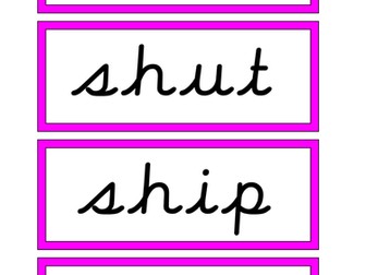 Phonic flashcards in cursive font, sh, ch, th, qu words