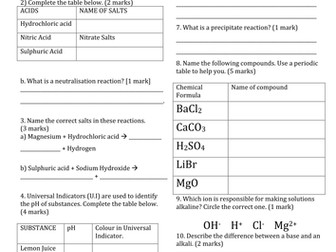 Acids, Alkali and Neutralisation Revision Test