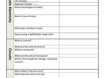 OCR gateway Additional Science P4 revision quiz/questions/worksheet