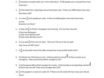 Word Problems - Fractions of Amounts