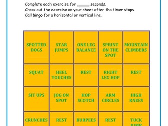 Fitness Bingo - Fitness Components Game - Healthy Active Lifestyle
