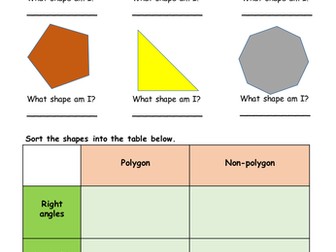 Year 3  Identifying and Sorting 2D Shapes Worksheet (Differentiated)