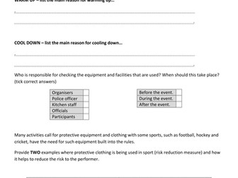 Risk in sport worksheet