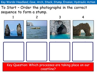 (New AQA) Coasts Lesson 5: Caves, arches, stacks and stumps. 