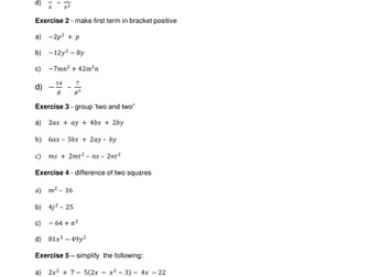 Factorising expressions - worksheet 1