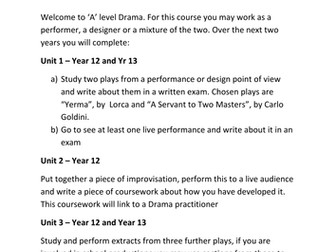 A preparation sheet for 'A' level Drama and Theatre