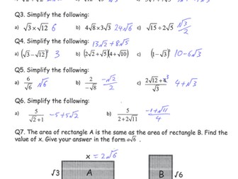 Surds revision worksheet/assessment