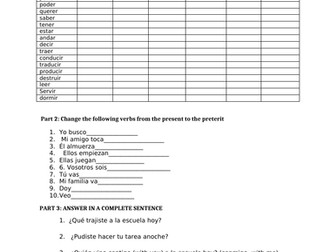 irregular preterite spanish worksheet