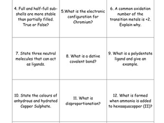 Transition Metals Revision Cards