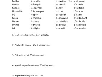 les matières scolaires - KS 3 cover resources for subjects and opinions 