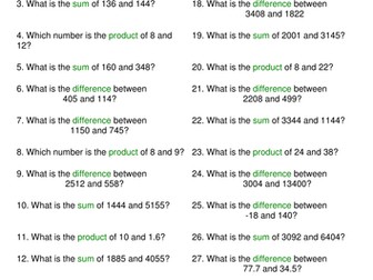 Product, sum and difference, Maths questions