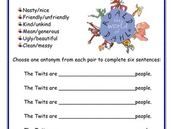 RD's The Twits, antonyms worksheet