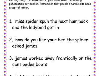 Roald Dahl, James and the Giant Peach punctuation worksheet