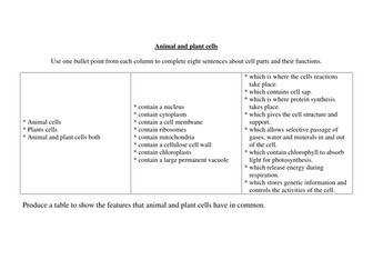 Animal and plant cell sentence building