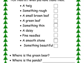 Nature scavenger hunt with hidden teddy bears.