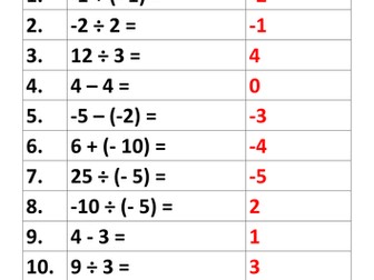 Negative Numbers Four Operations Arithmetic Worksheet Three Differentiated Versions and Answers