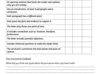 Lower KS2 Persuasive Letter Checklist - Self Peer and Teacher Assessment