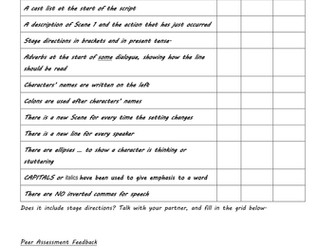 Lower KS2 Play Script Checklist - Self Peer and Teacher Assessment