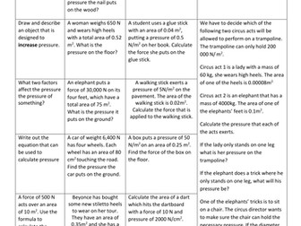 Differentiated Equations Calculating pressure and worksheets for practicals