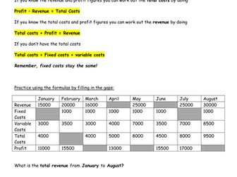 Costs Revenue and Profit Calculations