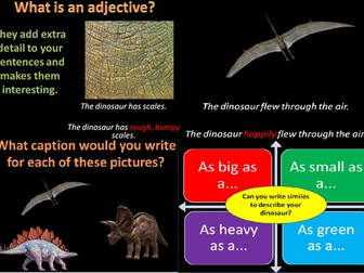KS1 KS2 Dinosaur themed adjectives adverbs captions similes lessons